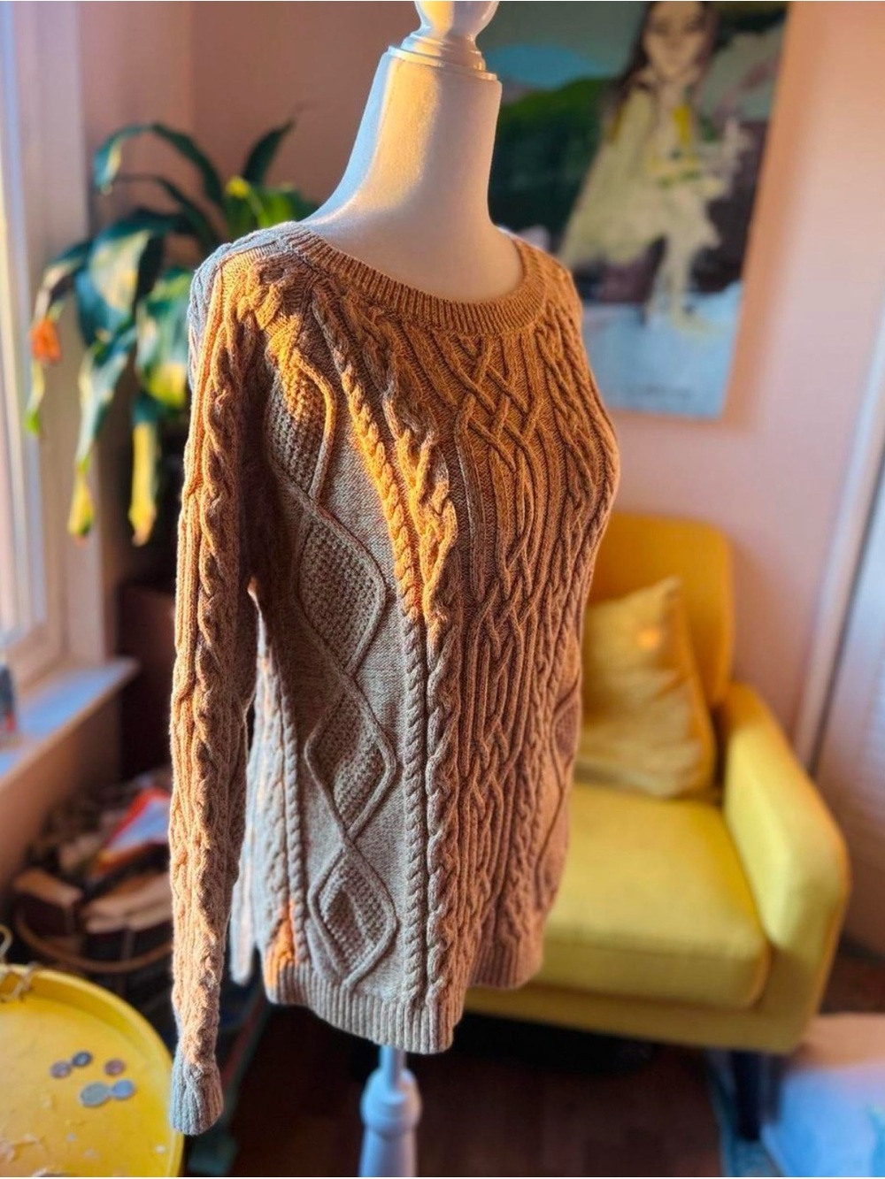 Talbots Camel Cable-Knit Scoop Neck Sweater